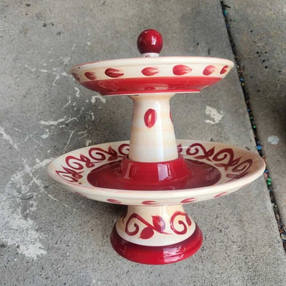 Pier 1 Hand Painted‎ Earthenware 2-Tier Dessert Serve Tray Discontinued Vallarta